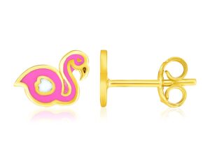 14k Yellow Gold Enameled Flamingo Childrens Earrings