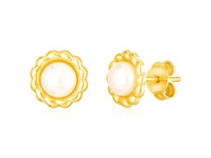 14k Yellow Gold Flower Stud Earrings with Pearls