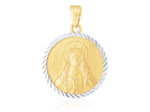14k Two Tone Gold Round Textured Religious Medal Pendant