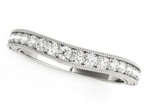 14k White Gold Bead Border Curved Diamond Wedding Ring (1/4 cttw)