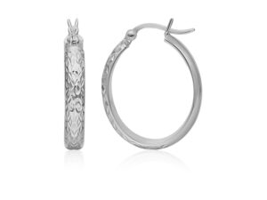 10k White Gold Hammered Oval Hoop Earrings